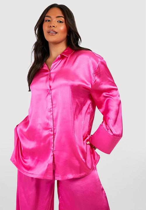 boohoo - Plus satin oversized pyjama shirt & trouser set - pink