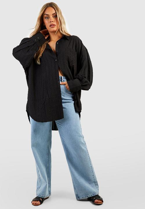 boohoo - Plus textured woven oversized shirt - black