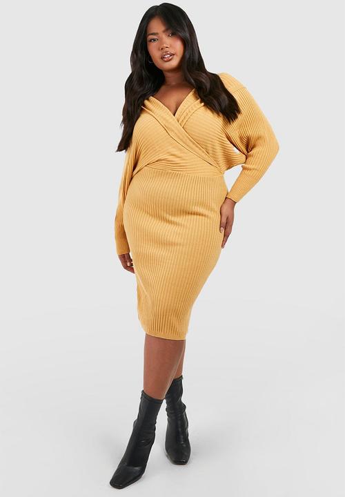 knee length dresses for ladies Womens Cashmere Wrap Dress Ribbed Knit Long Sleeve V Neck Midi Dresses