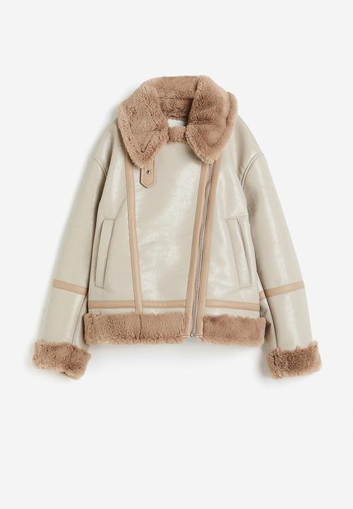 H&M - Pile-lined biker jacket - light greige