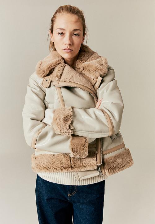 H&M - Pile-lined biker jacket - light greige