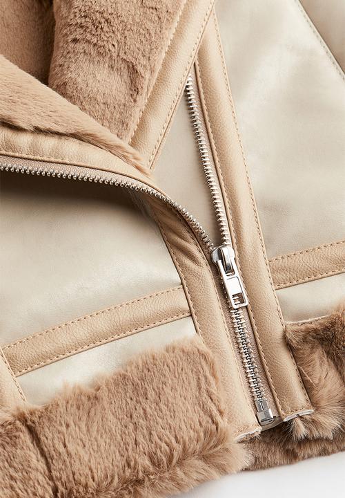 H&M - Pile-lined biker jacket - light greige