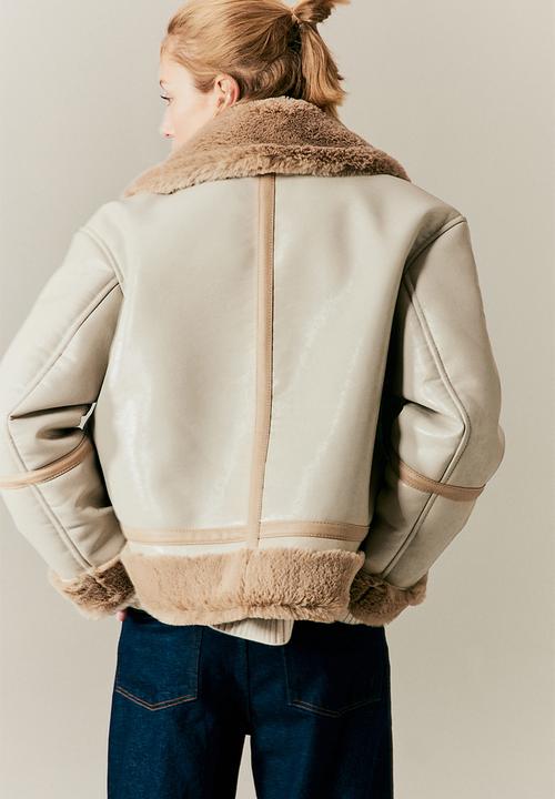 H&M - Pile-lined biker jacket - light greige