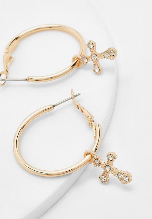 boohoo - Cross drop hoop earring - gold