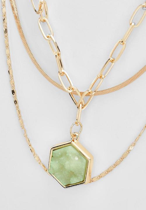 boohoo - Green stone drop chain necklace - gold