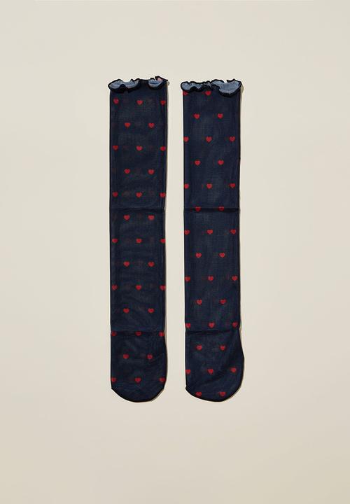 Rubi - Printed Mesh Sock - Red Hearts/Navy