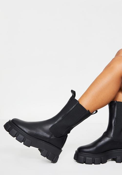 PrettyLittleThing - Black extreme chunky sole calf high chelsea boots - black