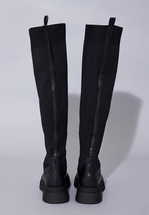 PrettyLittleThing - Black pu contrast knitted over the knee boots - black