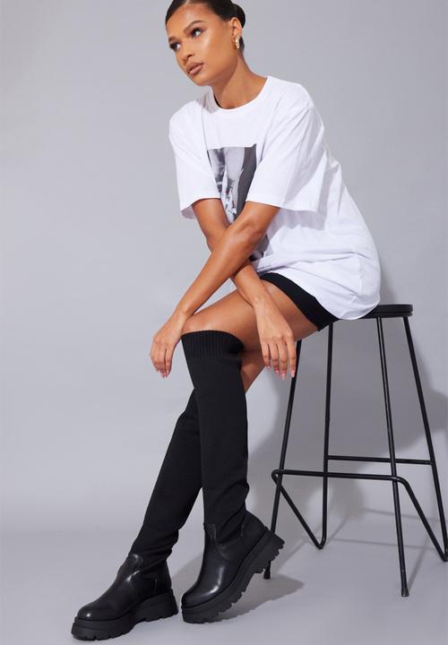 PrettyLittleThing - Black pu contrast knitted over the knee boots - black