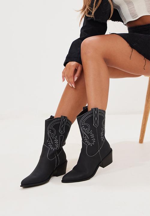 PrettyLittleThing - Black pointed stitch detailing calf western boots - black