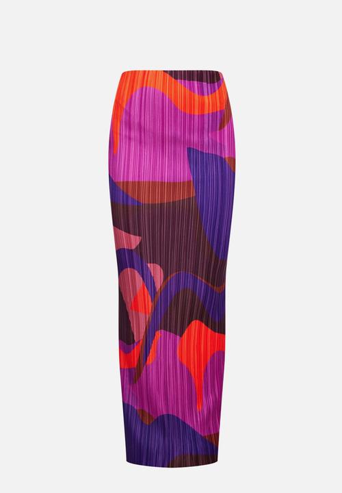 PrettyLittleThing - Pink print plisse maxi skirt - pink