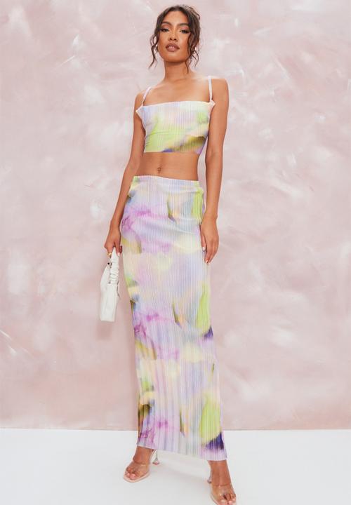 PrettyLittleThing - Multi watercolour print plisse maxi skirt - multi