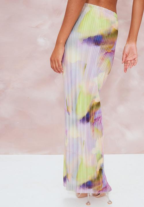 PrettyLittleThing - Multi watercolour print plisse maxi skirt - multi
