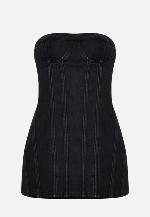 washed black seam front denim mini dress Washed black seam front denim mini dress