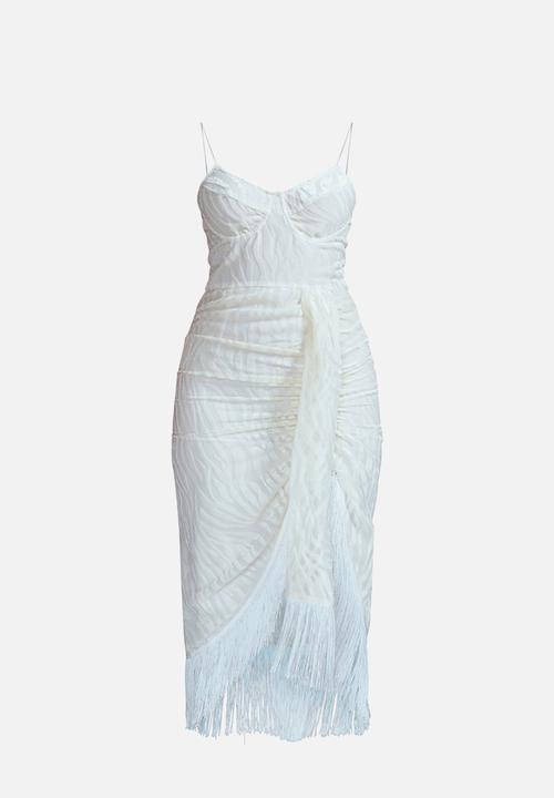 PrettyLittleThing - White devore tassel detail underwired draped midi dress - white