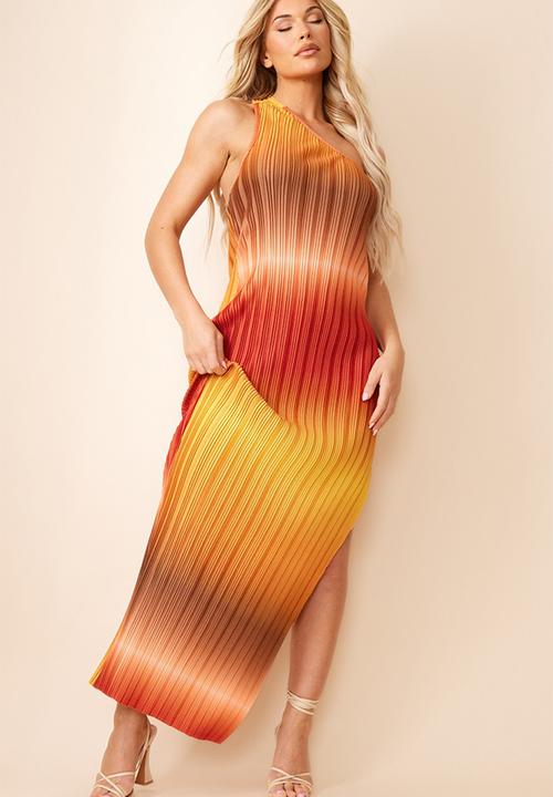 Brown ombre plisse one shoulder scoop back maxi dress - brown
