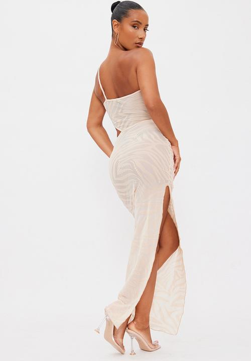 PrettyLittleThing - Zebra flocked one shoulder cut out midaxi dress - neutral