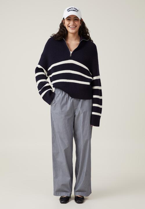 Cotton On - Luxe Collar Half Zip - Ink Navy Stripe