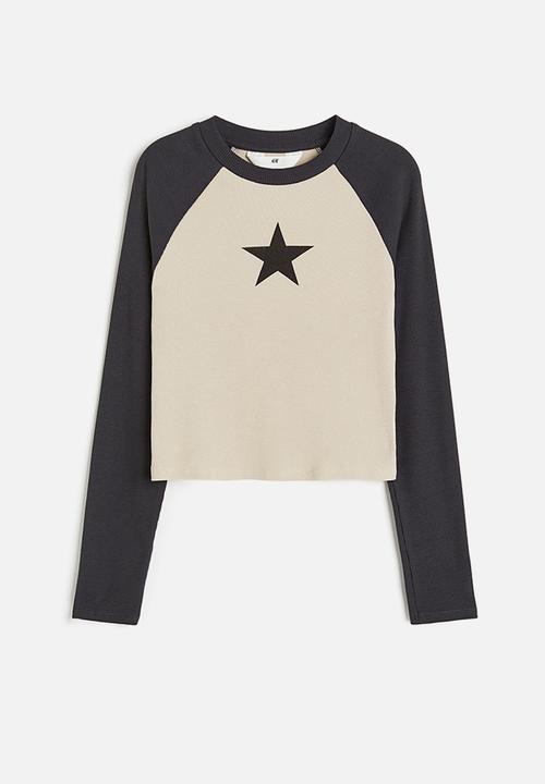 H&M - Ribbed cotton jersey cropped top - beige & star 