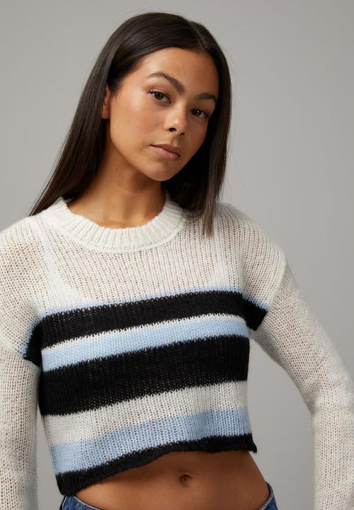 Factorie - Kelsey Knitted Crop Stripe Jumper-Blue Stripe Multi