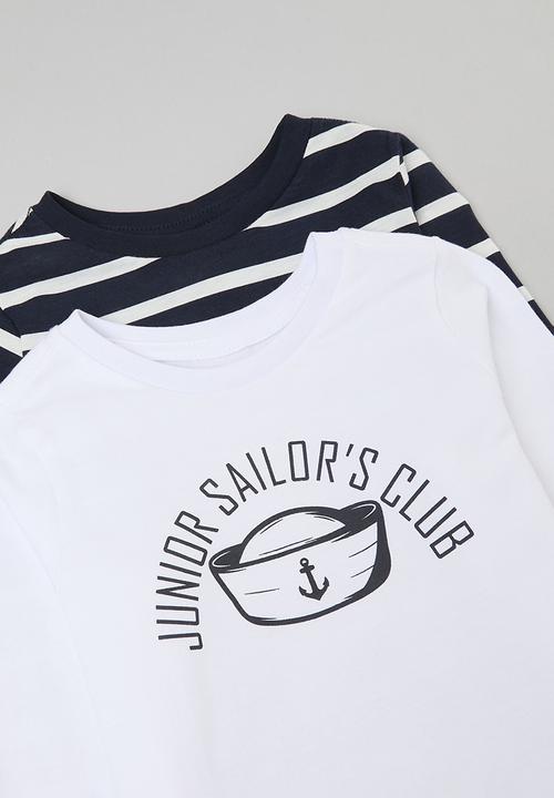 Pop Candy - 2 Pack long sleeve graphic tee - navy stripe & white