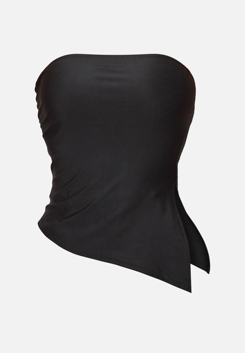 PrettyLittleThing - Black contour slinky bandeau asymmetric split hem longline - black