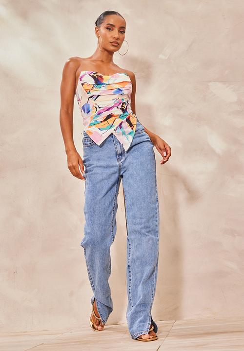 PrettyLittleThing - Pink abstract print textured woven asymmetric pointed hem co - pink