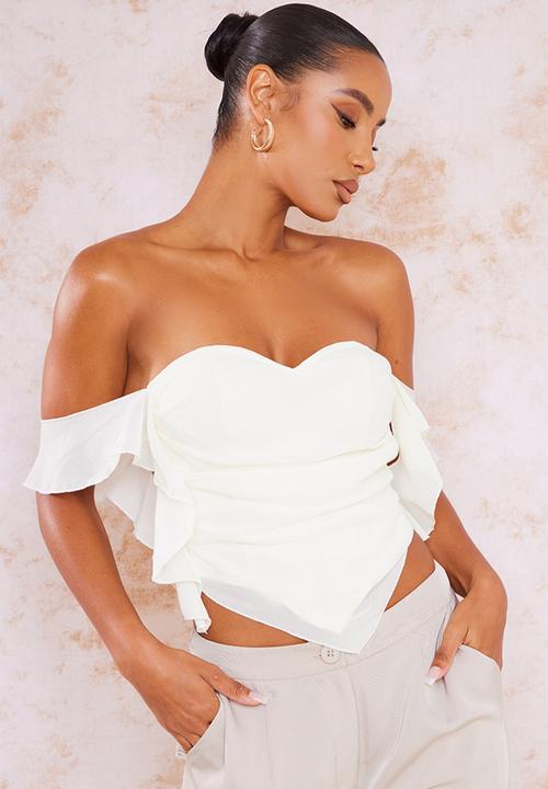 PrettyLittleThing - Cream chiffon frill bardot long top - cream