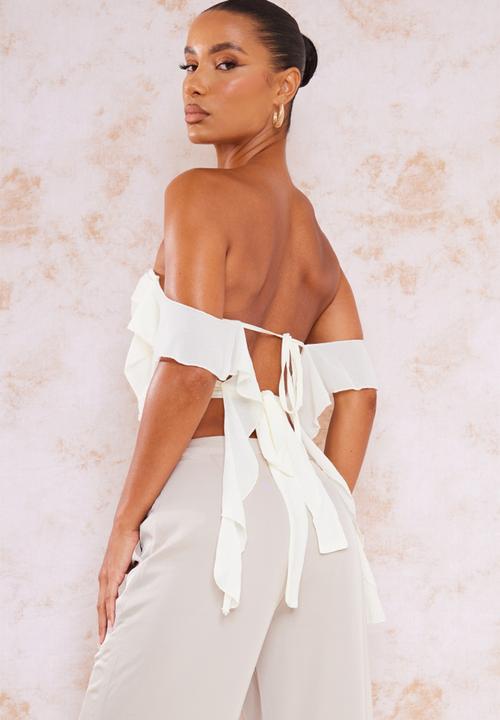 PrettyLittleThing - Cream chiffon frill bardot long top - cream