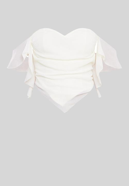 PrettyLittleThing - Cream chiffon frill bardot long top - cream