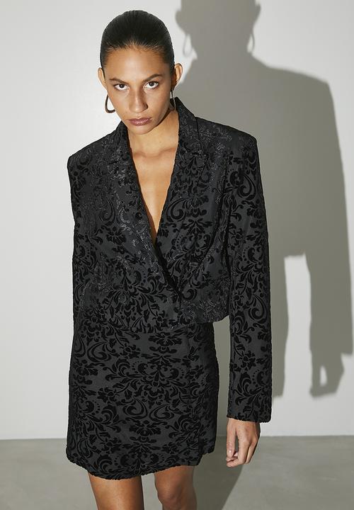 VELVET - Co-ord double breasted burnout velour blazer - black