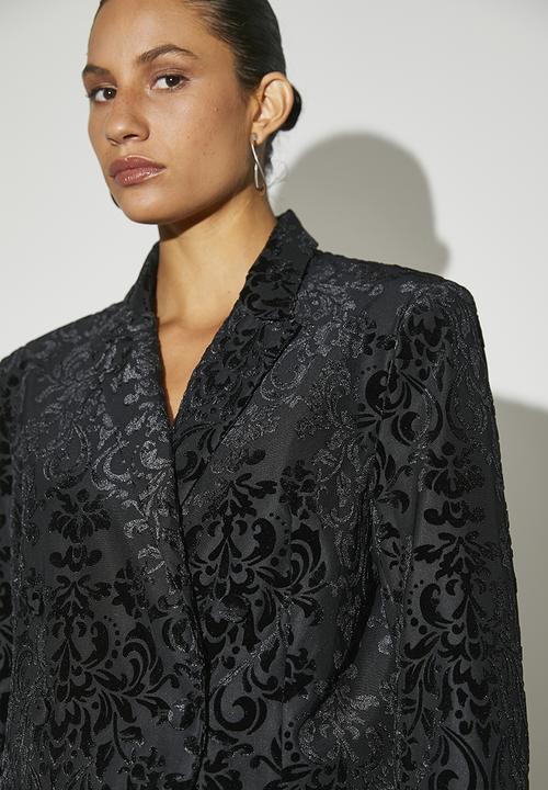 VELVET - Co-ord double breasted burnout velour blazer - black