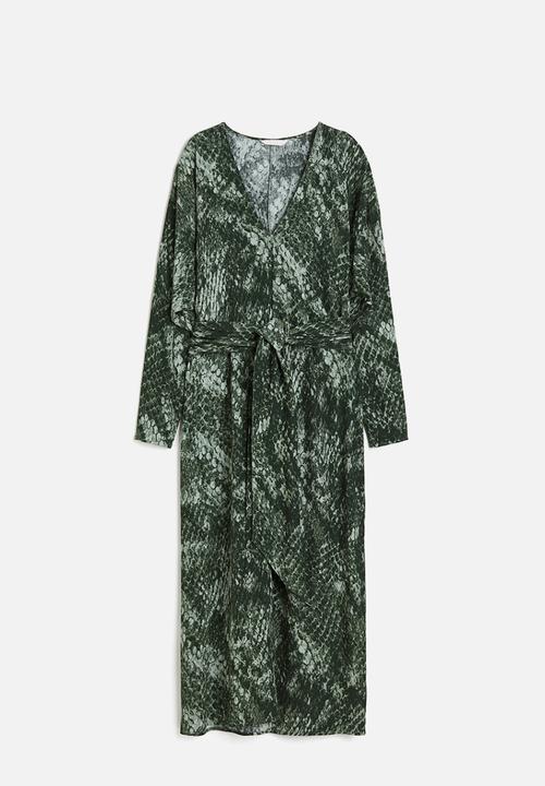 H&M - Patterned tie-belt dress - dark green & snakeskin-patterned