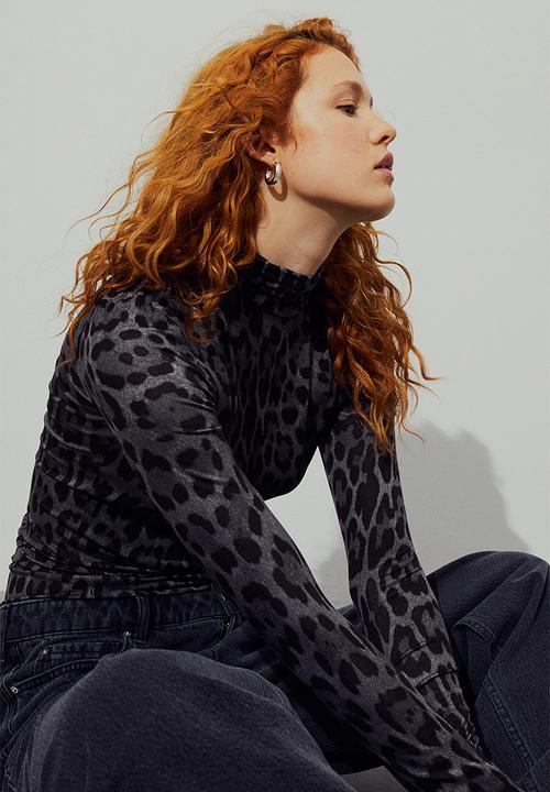 H&M - Polo-neck top - dark grey/leopard print
