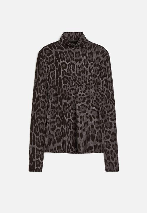 H&M - Polo-neck top - dark grey/leopard print