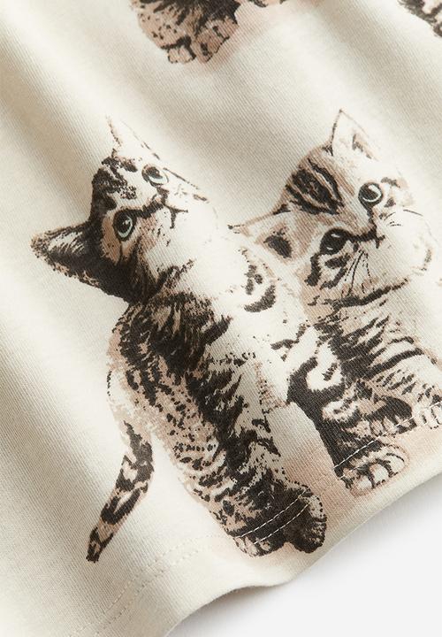 H&M - Printed jersey top - light beige kittens
