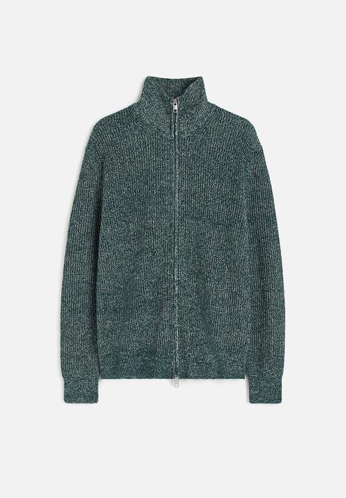 H&M - Regular fit zip-through cardigan - dark green marl 