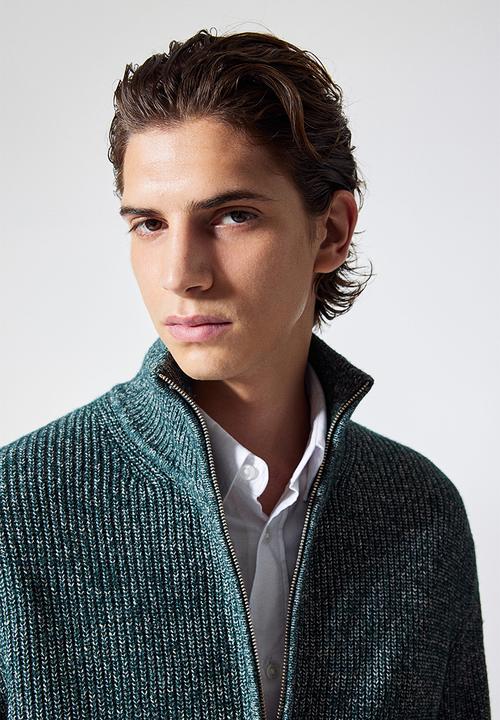 H&M - Regular fit zip-through cardigan - dark green marl 