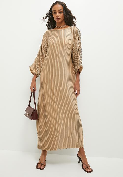 Volume sleeve plisse midi dress - neutral