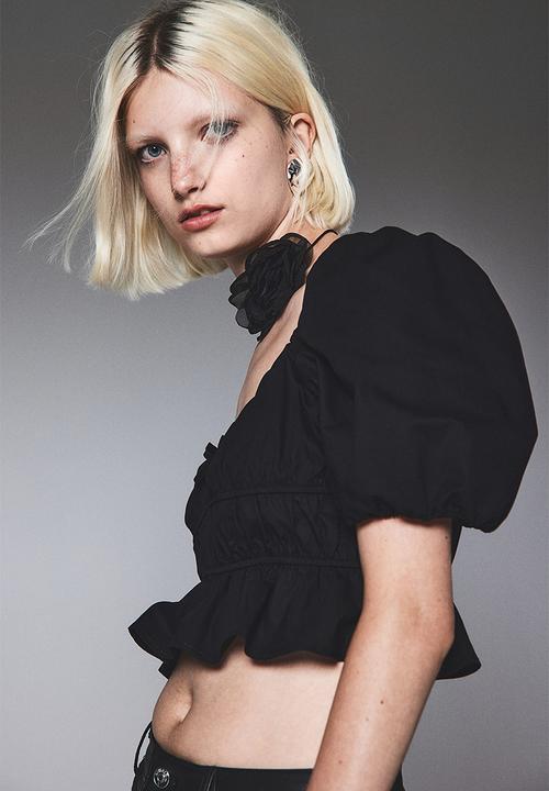 H&M - Gathered cotton blouse - black