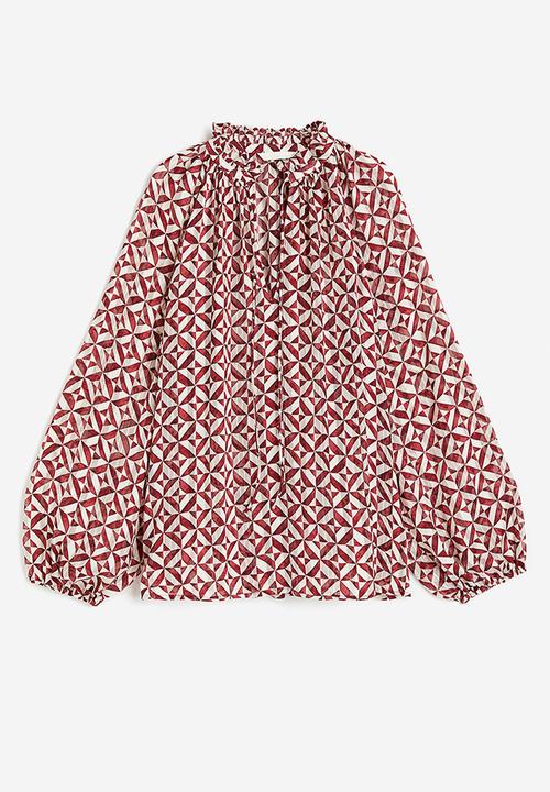 H&M - Frill-trimmed crêpe blouse - dark red patterned