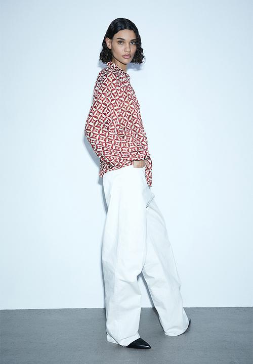 H&M - Frill-trimmed crêpe blouse - dark red patterned