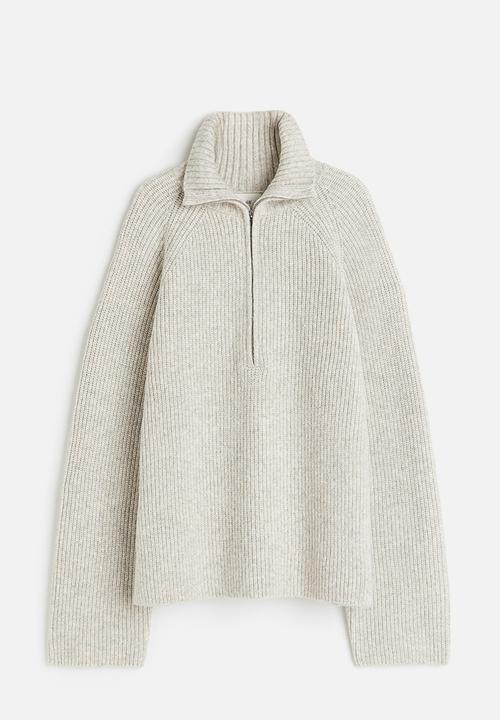 H&M - Zip-top rib-knit jumper - light beige marl
