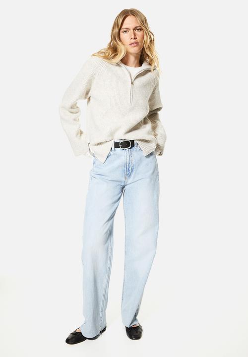 H&M - Zip-top rib-knit jumper - light beige marl