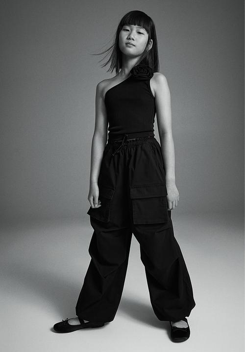 H&M - Appliquéd one-shoulder top - black