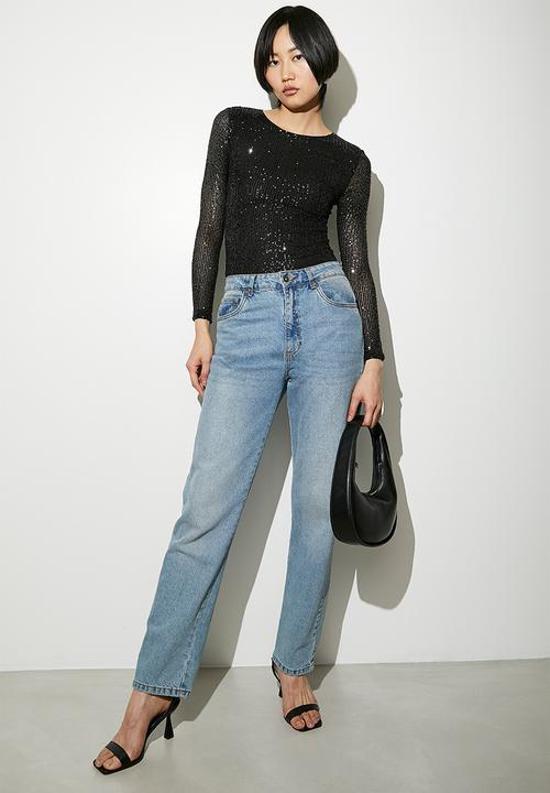 VELVET - Bling boatneck bodysuit - black