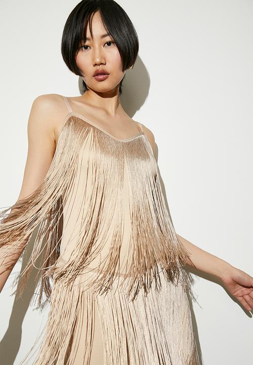 Fringe midi slip dress - champagne