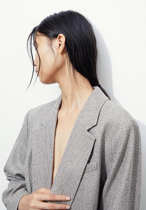 H&M - Double-breasted blazer - greige/herringbone-patterned