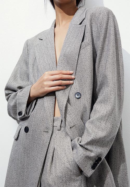 H&M - Double-breasted blazer - greige/herringbone-patterned