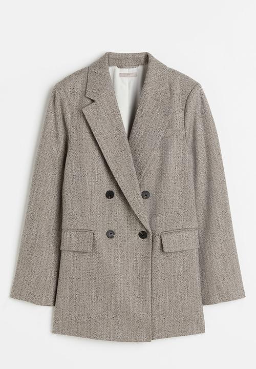 H&M - Double-breasted blazer - greige/herringbone-patterned